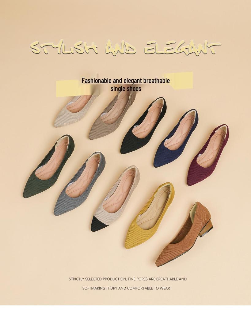 B35-3 Pointed Toe Low-Cut Chunky Heel Breathable Plus Size Striped Knit Shoes