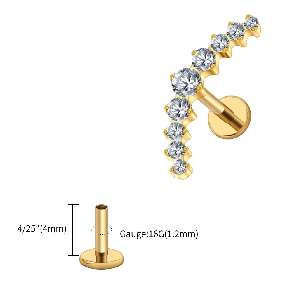 Right Grand ASTM F136 Titanium Arc CZ Cluster Labret Curved Bar Flat Back Stud Earring Helix Cartilage Conch Piercing Jewelry
