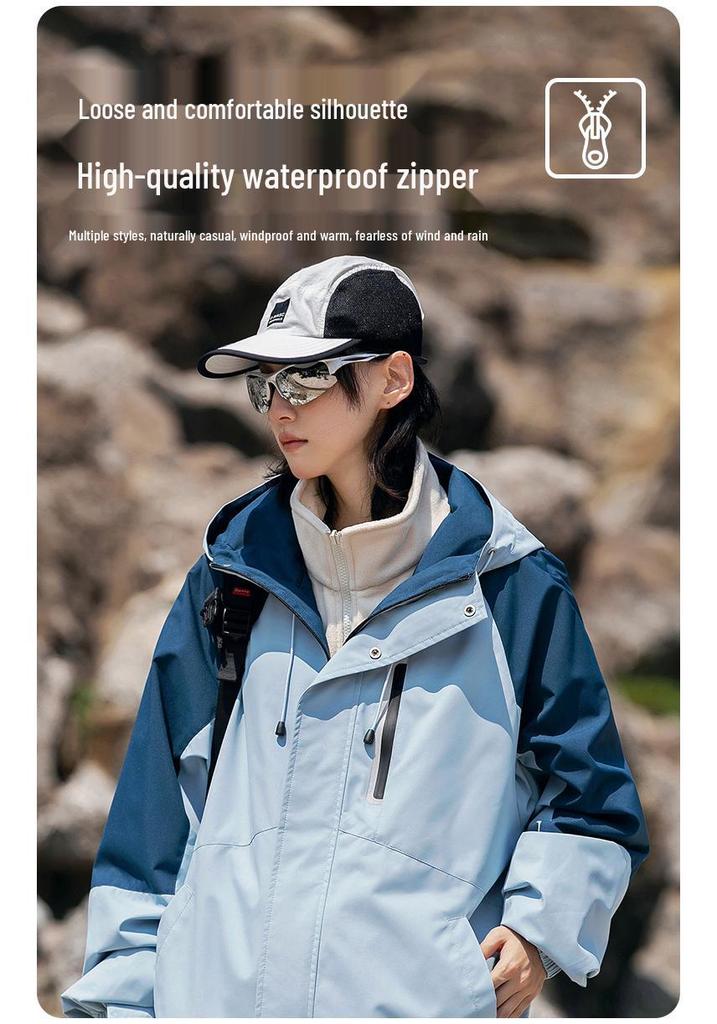 Unisex Trendy Three-in-One Waterproof Jacket for Autumn/Winter Outdoor Activities, Color-Blocked Design for Couples