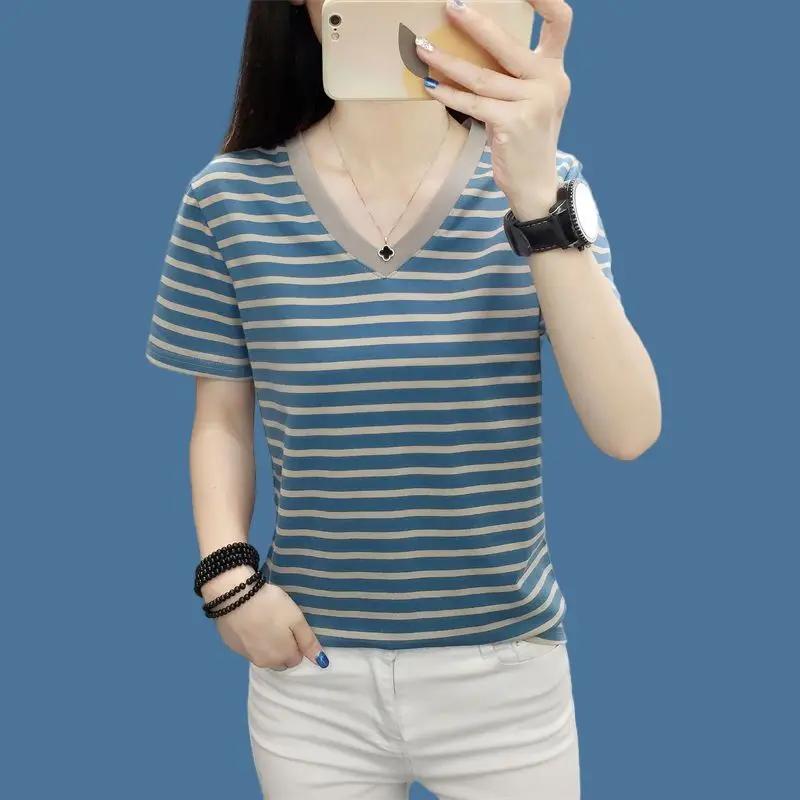 Women's Summer Striped T-shirt Casual V Neck Short Sleeve Slim Fit Top