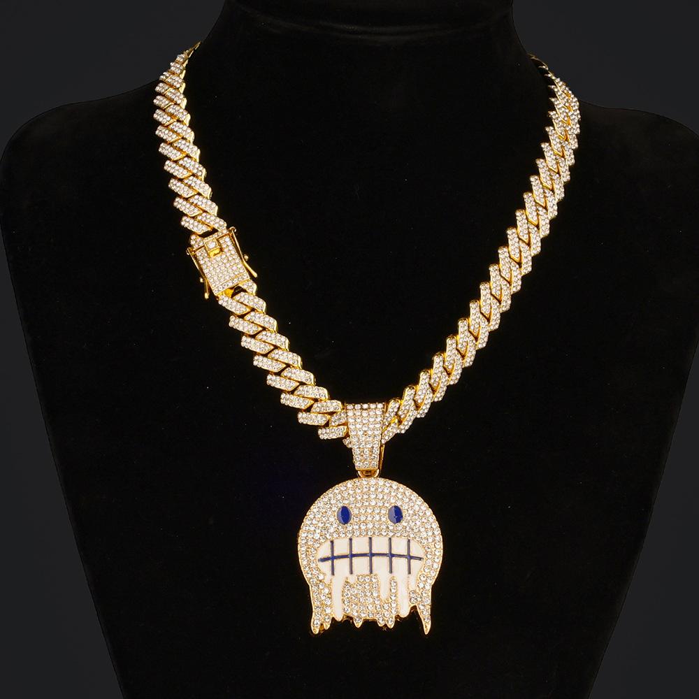 Herren Weiß Blau Zirkonia Gepflastert Hip Hop Runde Anhänger Halsketten mit Kubanischer Kette Iced Out Bling CZ Mode Jungen Schmuck