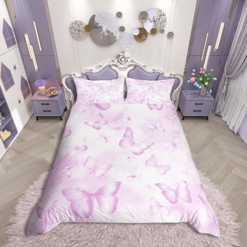 Homewish Kawaii Butterfly Duvet Cover Set,Girls Pink Comforter Cover Set,Fairy Tale Theme Bed Set For Girls Teens