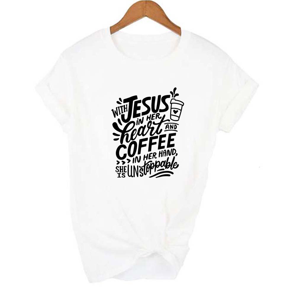 With Jesus In Her Heart And Coffee In Her Hand Women Faith God T Shirt