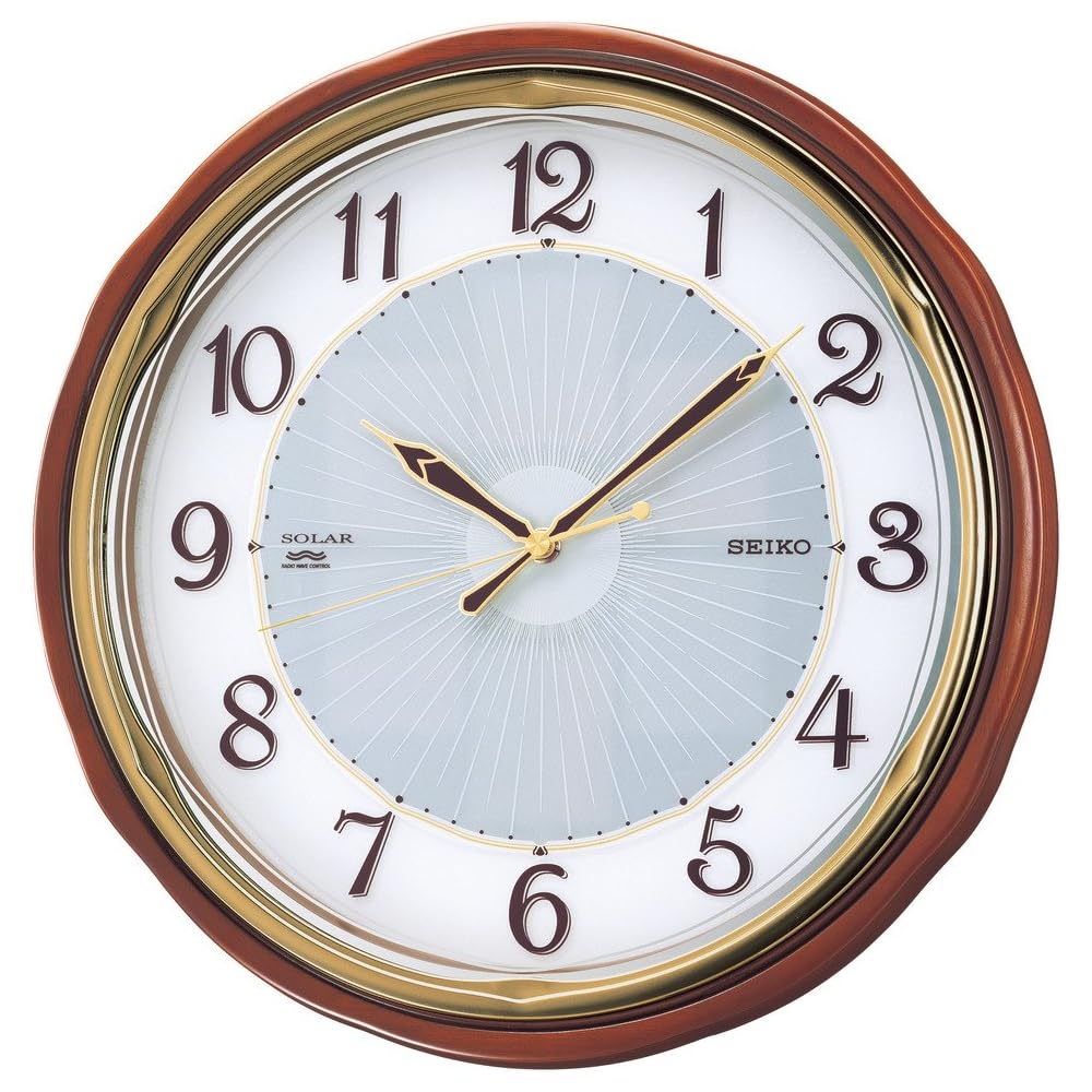 Seiko Clock SOLAR+ Solar Powered Radio Controlled Analog Wall Clock with Wooden Frame (Brown Wood Finish) SF221B