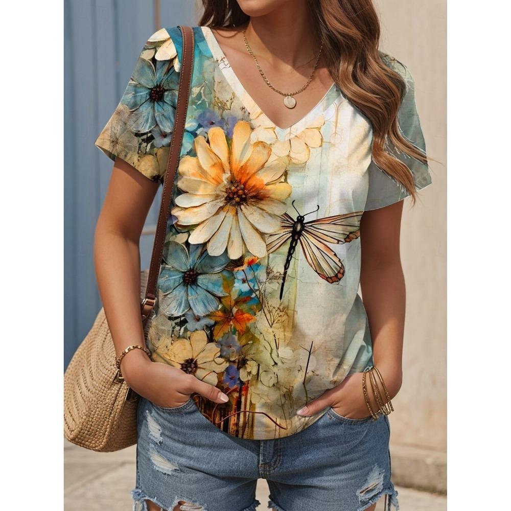Women's Trendy T-Shirt Flower Graphics Fashion Short Sleeved V-Neck Regular Tops Daily Prints Tee 2025 Summer Y2K Casual Tops