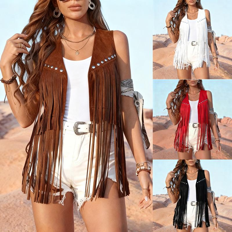 Women's POLO Collar Sleeveless Vest Loose Fit Western Fringe Faux Suede Waistcoat Streetwear Jacket 2025 Spring Outerwear
