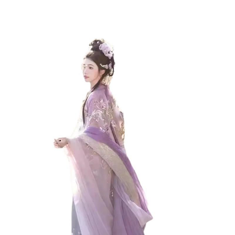 Womens Tang Dynasty Inspired Embroidered Hanfu Set With Wide Sleeves Peony Print Chest-Tie Skirt Scarf