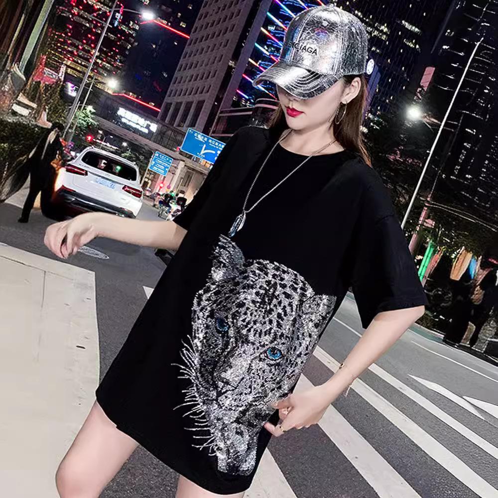 200g Combed Cotton Women's Plus Size Rhinestone Top, 2023 Mid-Length Style