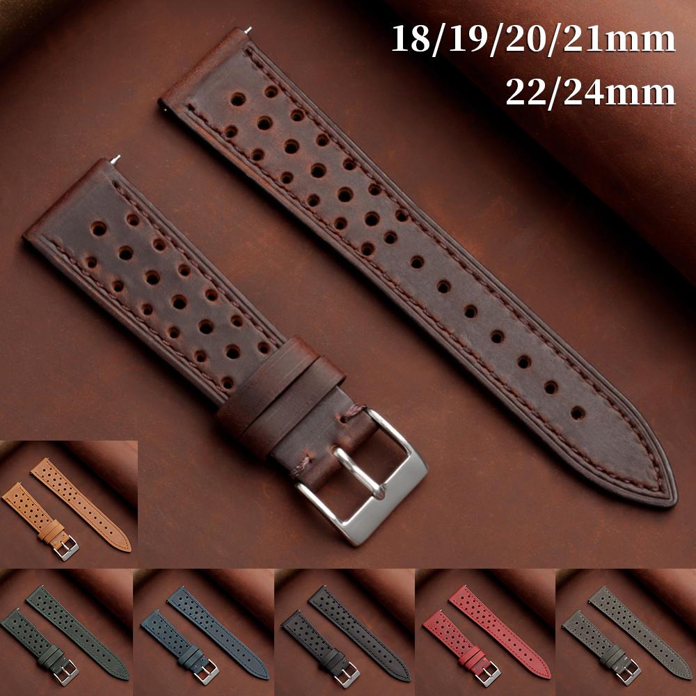 Breathable Cowhide Watch Strap 18mm 19mm 20mm 21mm 22mm 24mm Retro Leather Wristband for Seiko WatchBand Quick Release Bracelets