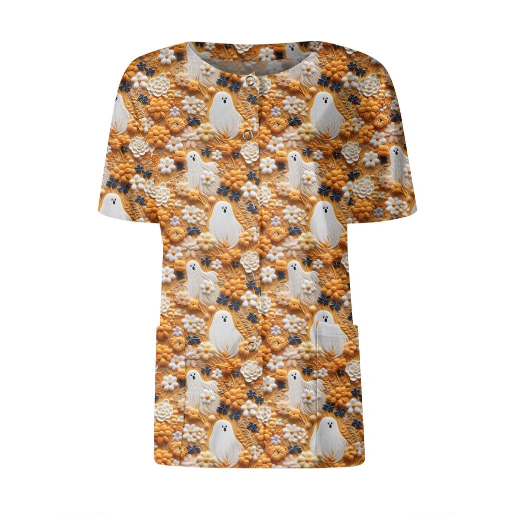 Women's Short Sleeved Patterned Pockets, Work Print Stand Up Collar, Single Breasted Protective Clothing, Cardigan Jacket, Top