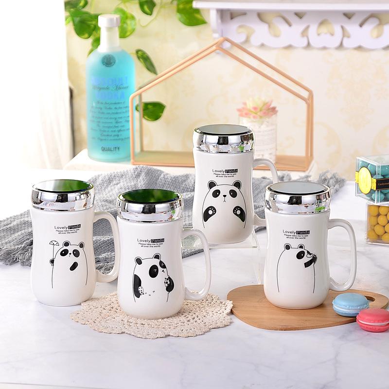 Cute Cartoon Ceramic Mirror Insulation Milk Water Cup Creative Coffee Couple Plus Formulation With Lid