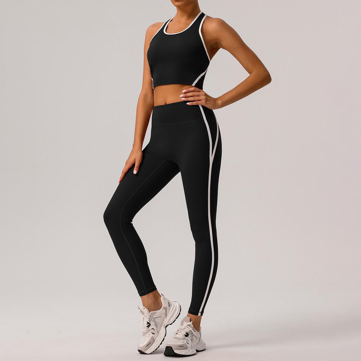 Women s Racerback Contrast Trim Sports Bra High Waist Hip Lift Full Length Yoga Pants 2 Piece Workout Set Women Fitness Activewear S