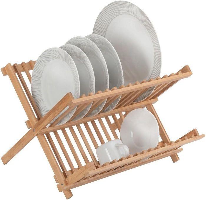 Egouttoir à vaisselle - 2 niveaux - Bois - 21 assiettes - 10 verres