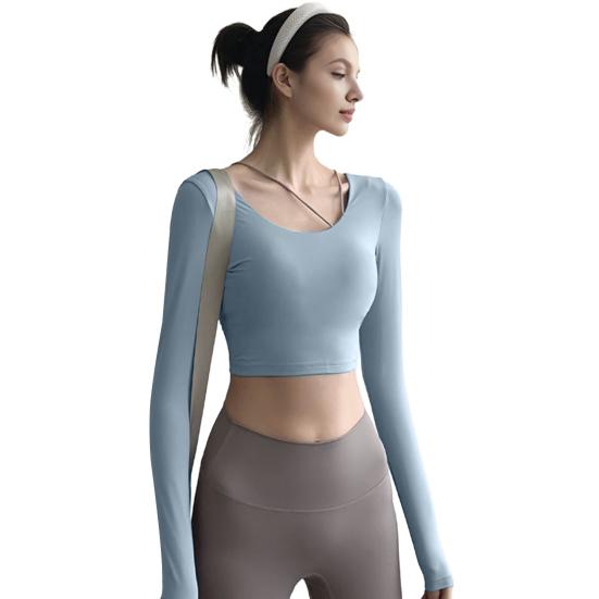 

Женские топы для йоги с внутренней подкладкой, сексуальный топ для йоги с длинным рукавом и открытой спиной, спортивная футболка с высокой эластичностью для тренажерного зала, фитнеса, бега, тренировок S синий