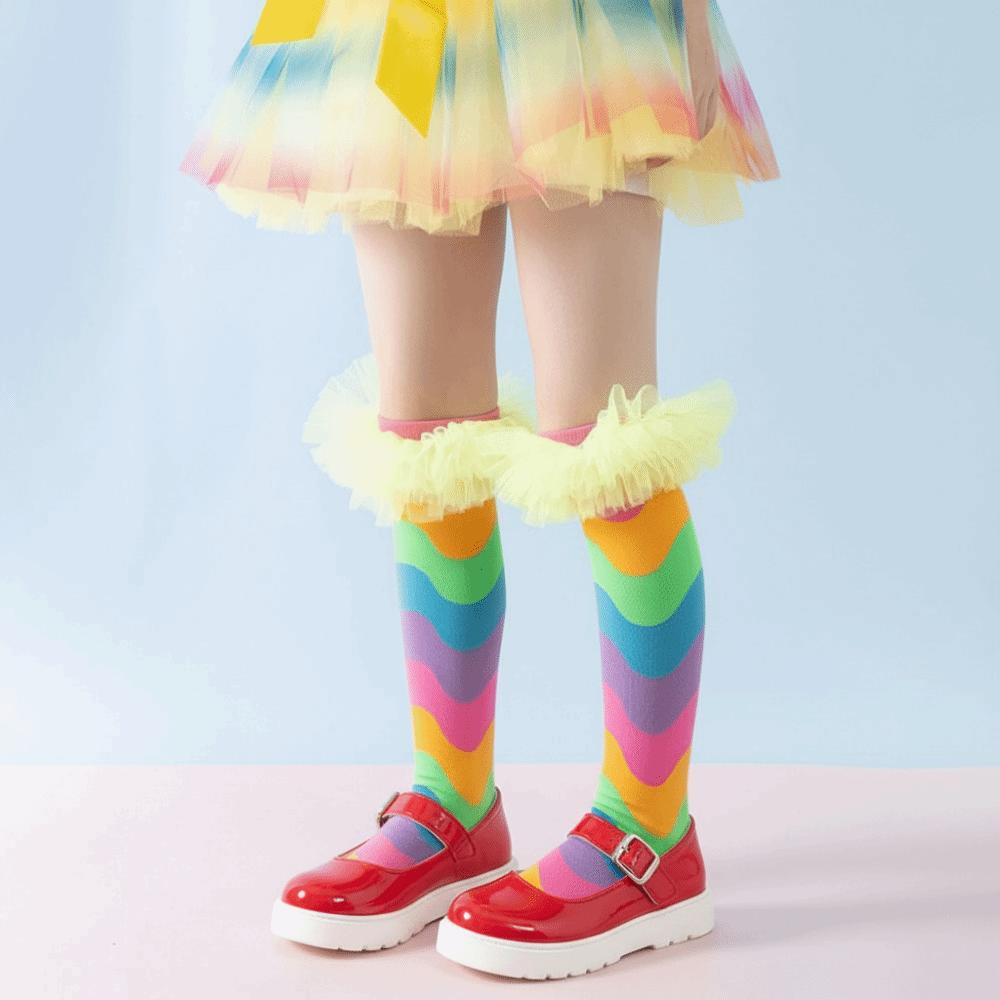 New Cartoon Knee Socks Breathable Rainbow Color Ruffles Socks No Heel Stockings