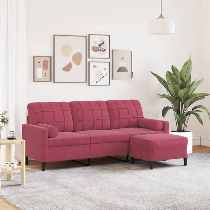 VidaXL 3-seater Sofa and Footstool Burgundy Red 180 Cm Velvet, Sofa, Living Room Sofa, 3-seater Velvet Sofa, 3278271