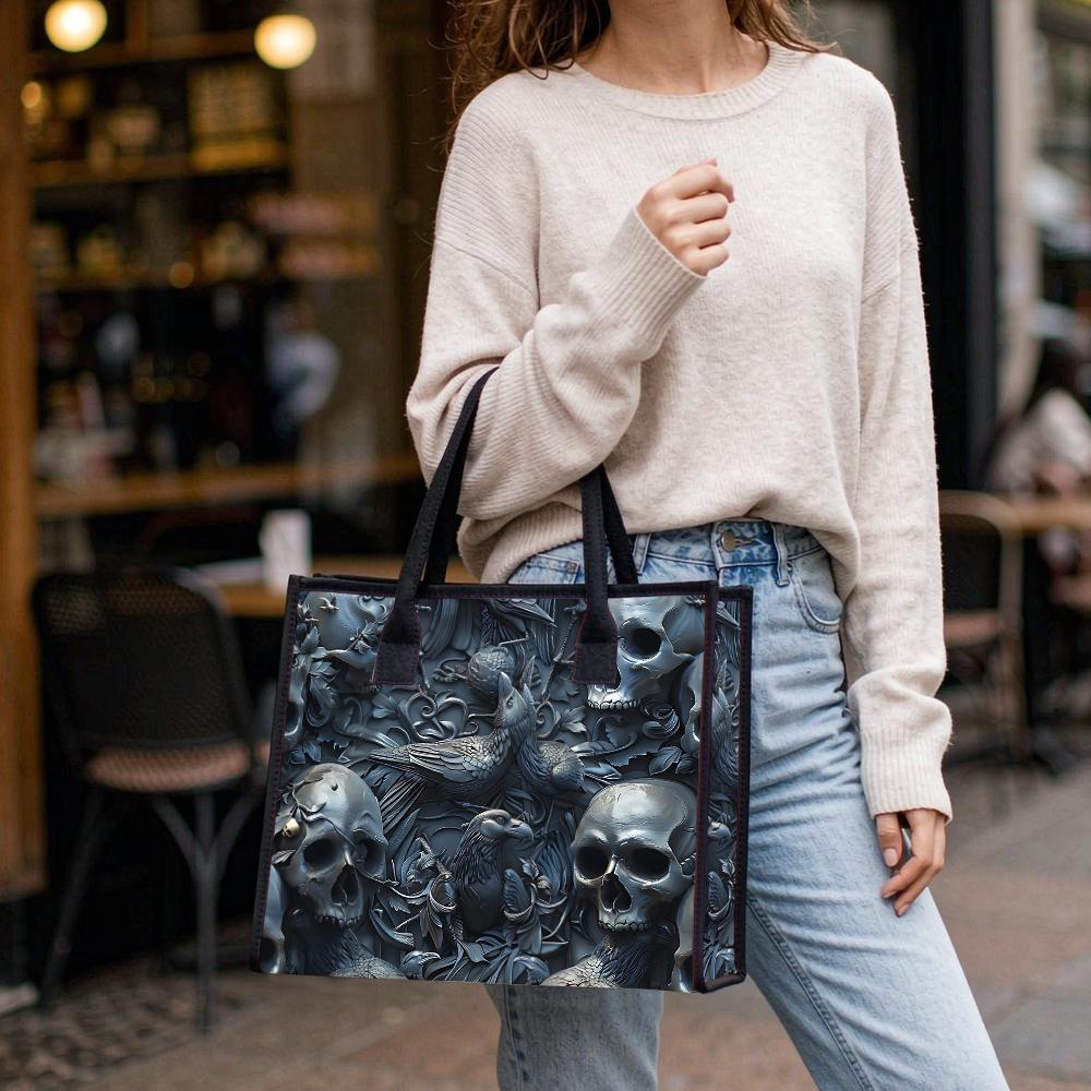 Gothic Skull Crow Pattern Tote Bag Daily Use Shoulder Bag