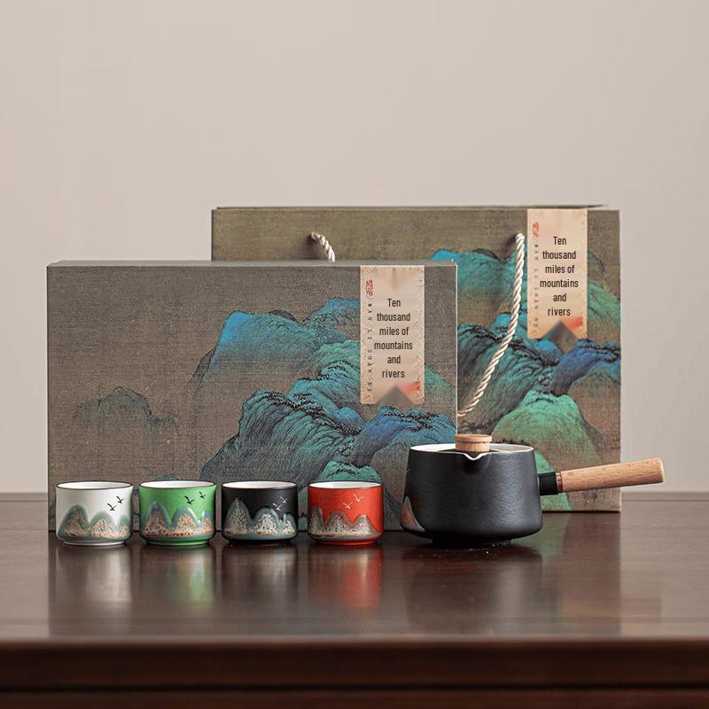 Mountains & Rivers Underglaze Rotating Ceramic Tea Set - 5-Piece Black Gift Box