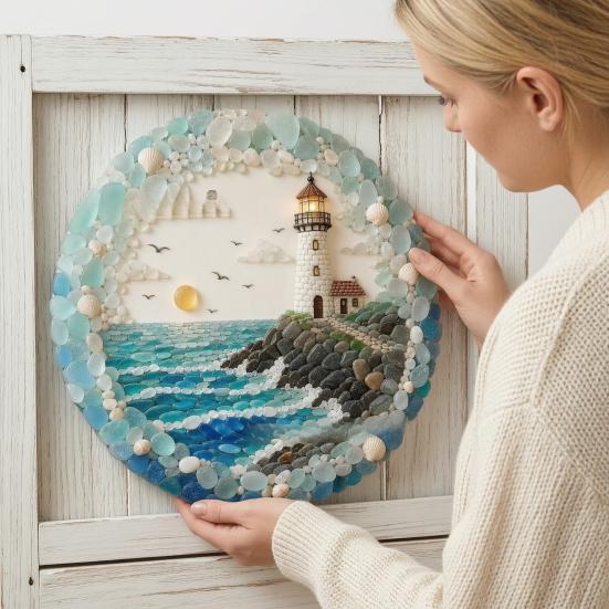 Textured Ocean Art for Home Lighthouse Sea Glass Wall Ornament, Hand Assembled Shells And Tumbled Entryway Seaside Focal Point Decor,