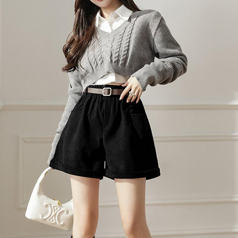 Sztruksowe szorty na co dzień z wysokim stanem, damskie luźne spodnie z szerokimi nogawkami w kształcie litery A