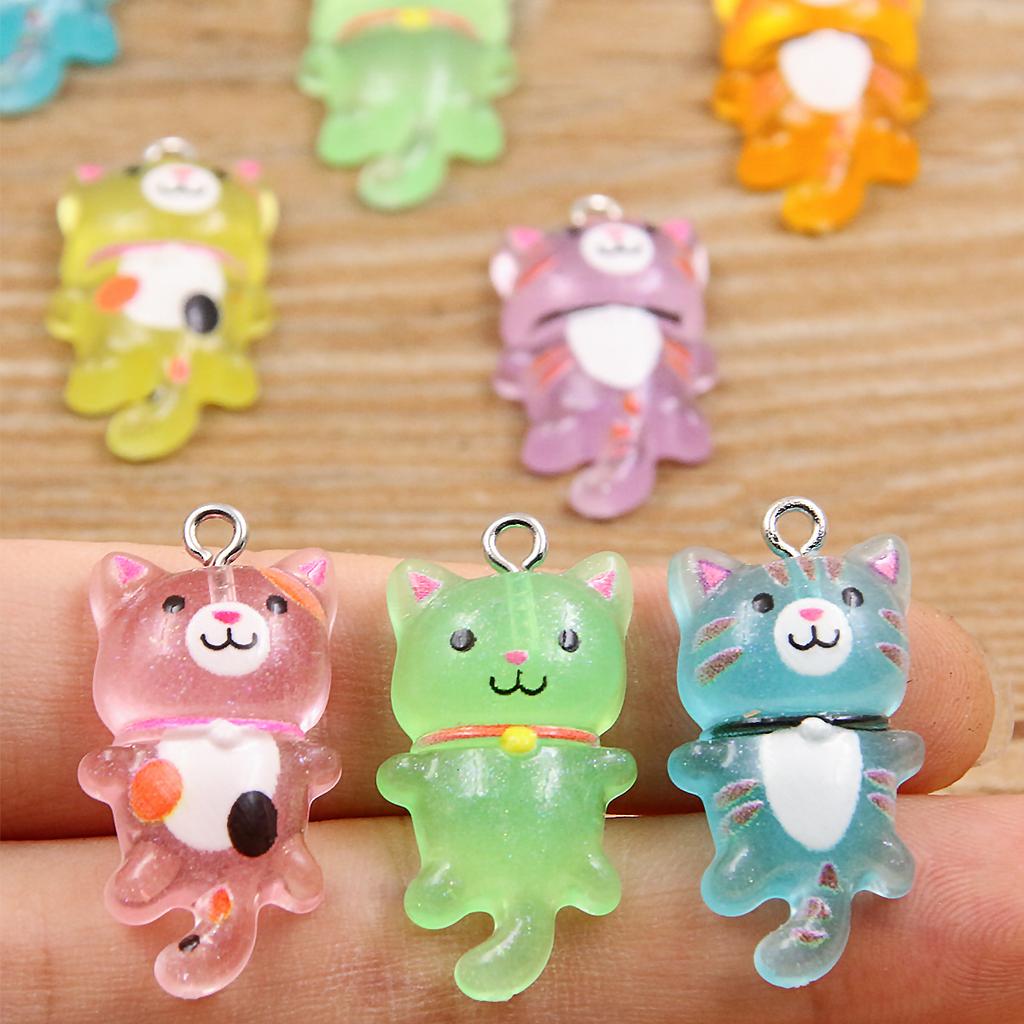 10pcs Mixed Cartoon Cute Cat Design Charms 3D Luminous Resin Animal Pendants For DIY Bracelet Necklace Jewelry Making Accessory
