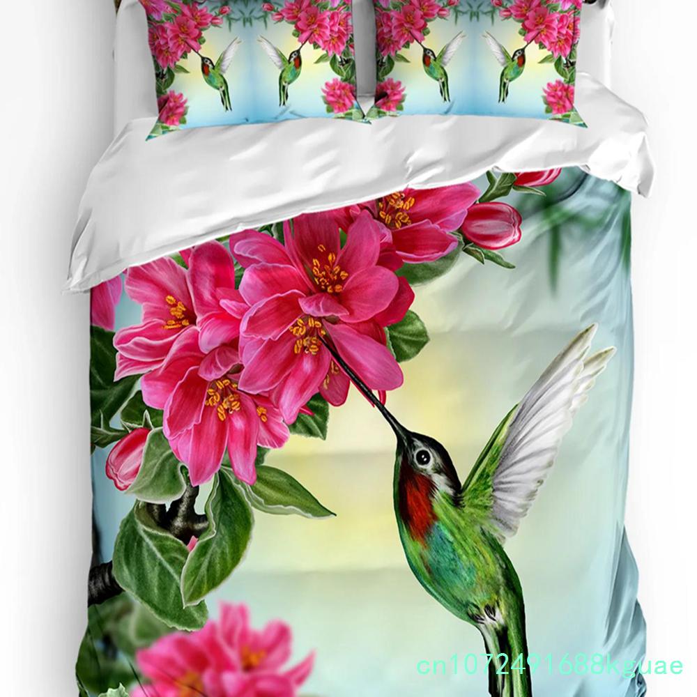 Set Biancheria da Letto Retro 3 Pezzi Colibrì Fiori di Ibisco Copripiumino Federa Bambini Adulti Copripiumino Set Letto Matrimoniale Tessile per la Casa