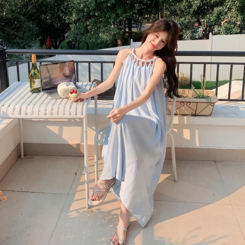 Blue Small Fresh Seaside Romantic Long Dress Summer New Romantic Neck Dress Women
