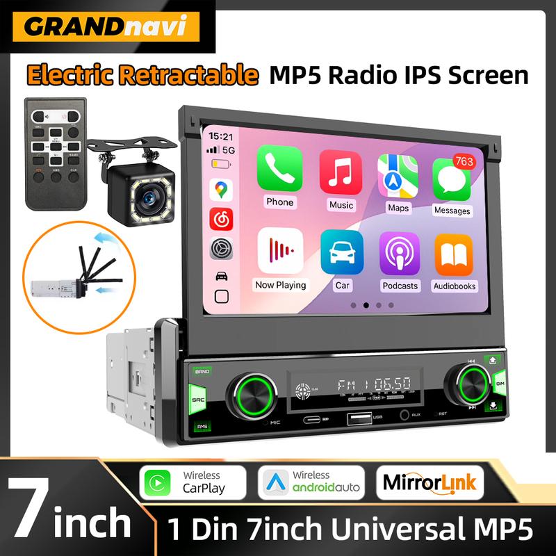 1Din 7'' MP5 Radio Player FM AM RDS Automatic Retractable Screen Wireless Carplay Android Auto Multimedia USB Type-C Car Stereo