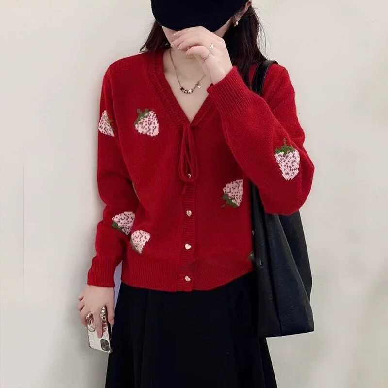 New strawberry jacquard knitted cardigan autumn and winter casual comfortable and thin bottoming shirt temperament lace-up sweater women