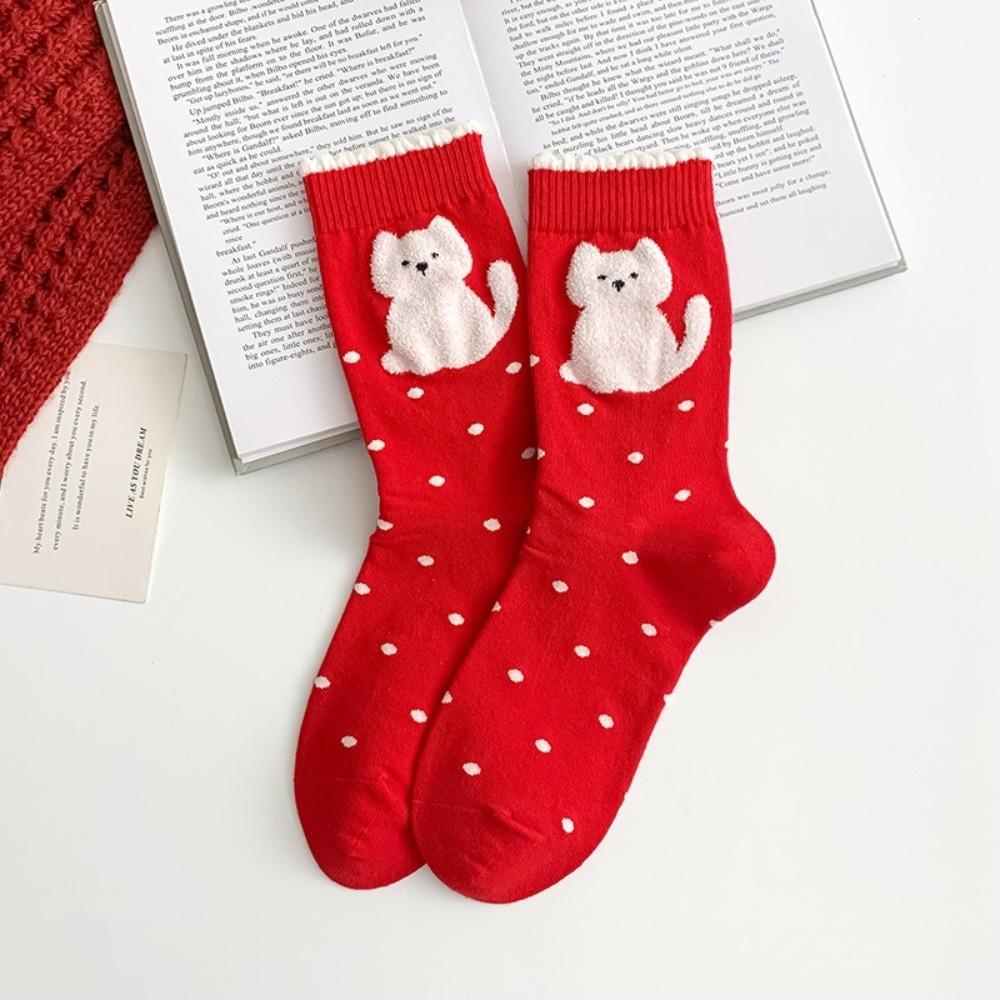 5 Pairs Soft Polka Dot Socks Breathable Stripe Socks Kitten Red Socks  Spring Festival