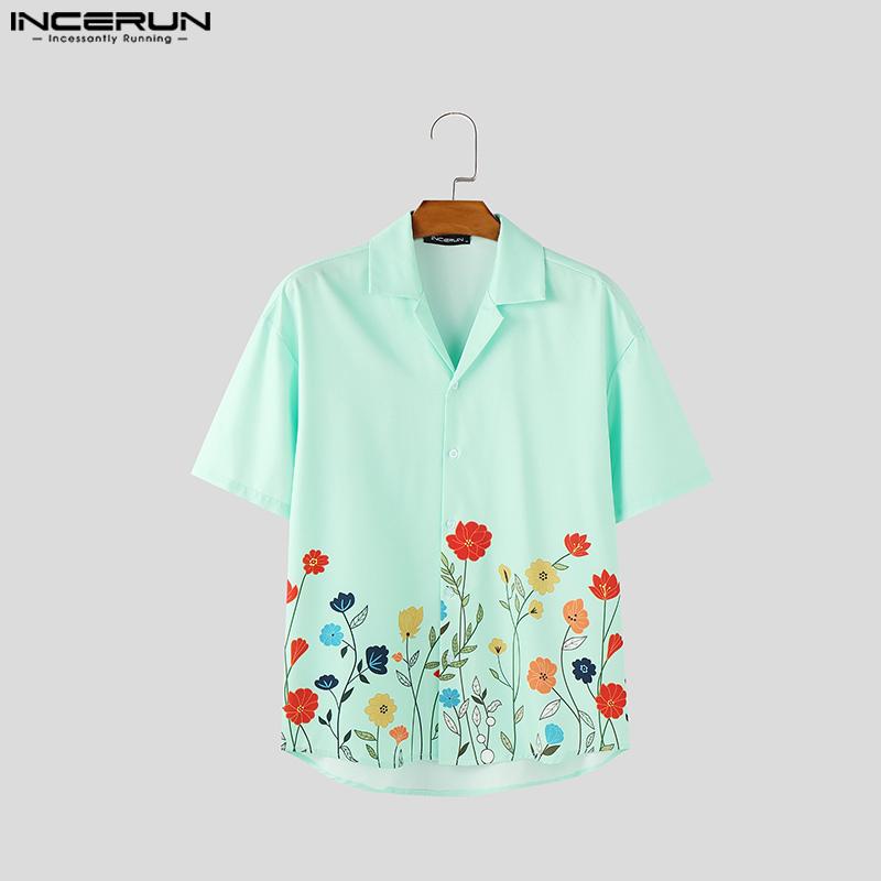 INCERUN Oversized Men Summer Lapel Neck Short Sleeve Floral Print Casual Shirts