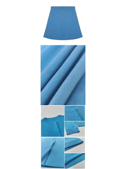 PINKEEN Blue Button-Up Knit Cardigan & Skirt Set for Women - Spring 2026, Whitened, Age-Reducing Style