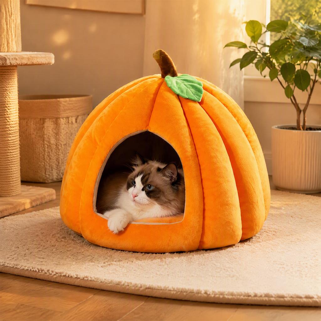 Cozy Semi-enclosed Pumpkin Cat Bed Warm Plush Cave House Washable Cushion Non-slip Small Dog Halloween