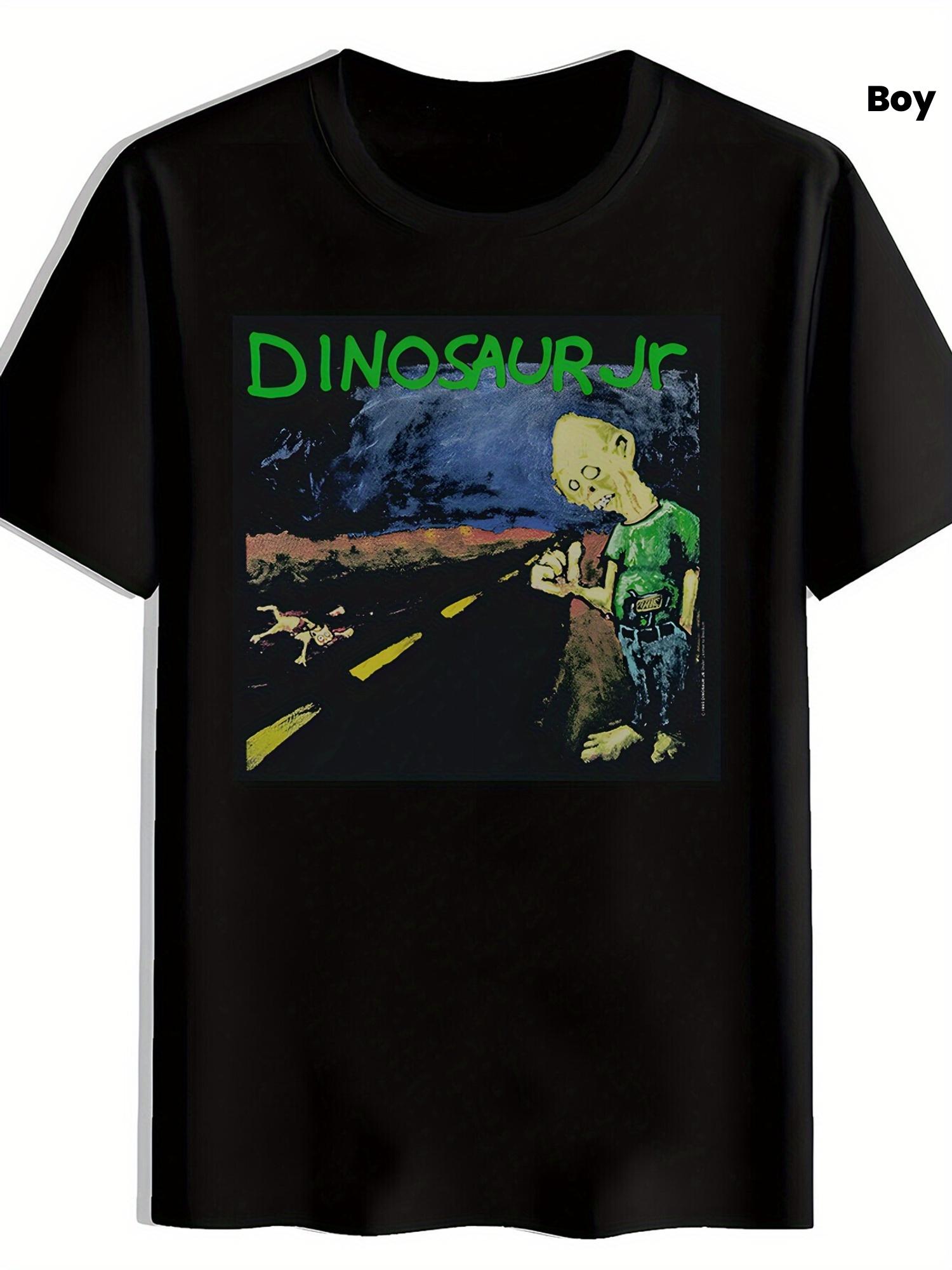 Dinosaur Jr. Retro Rock Band Graphic T-shirt - Black Casual Summer Tee with Vintage Dinosaur & Boy Design XXXXL