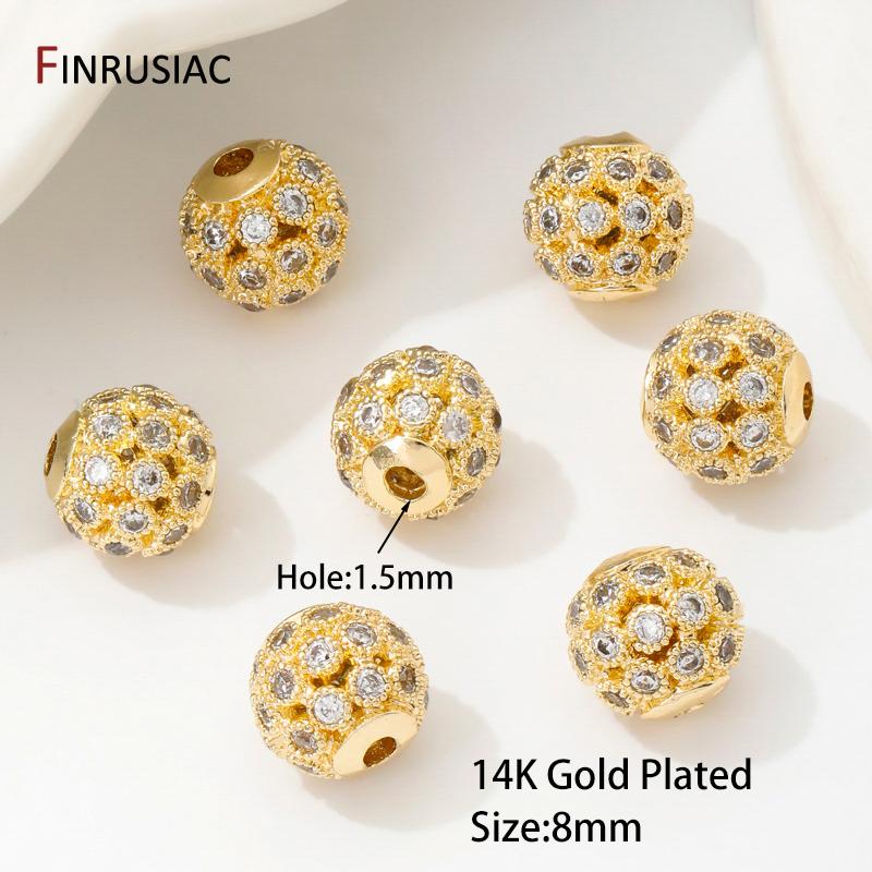 

18K Gold Plated Brass Hollow Round Beads,8mm Ball Beads,Inlaid Zircon Spacer Beads For DIY Bracelets Neckalce Making Accessories 1 piece