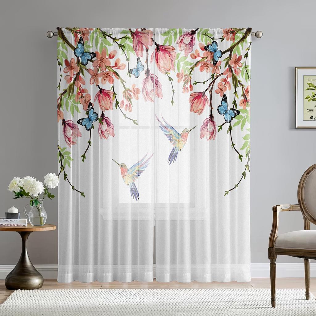 2 Pieces HD Digital Spring Hummingbird Floral Print Curtains Home Decorating Style Decorating Living Room Bedroom Rodding Curtai