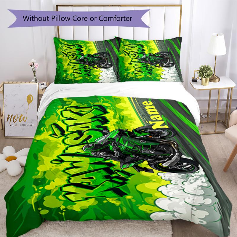 3pcs Custom Name Motorcycle Bedding Set Duvet Cover Closure Includes 1 Duvet Cover & 2 Pillowcases, Soft and Comfortable for All Seasons.