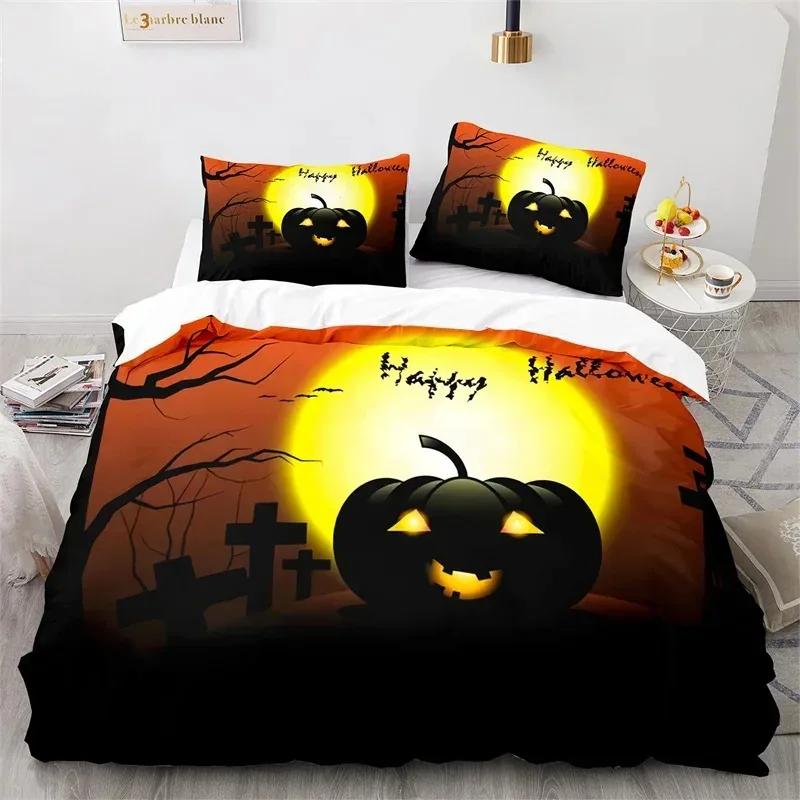 Halloween Bedding Set Pumpkin Duvet Cover Polyester Cartoon Horror Festival Bat Comforter Cover Twin King For Kids Adults Decor