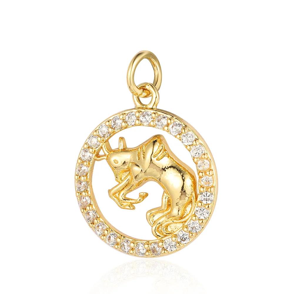 Zodiac Sign Copper Zricon Charm Round Constellation Capricorn Taurus Aries Pendant for Bracelet Necklace Making