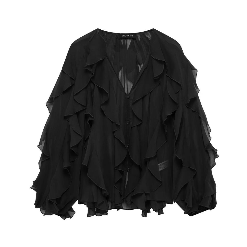 VAYLA Summer Sexy Women's Translucent Ruffles Blouses Fashion V-neck Single Breasted Tierred Causal Tops Beach Style Solid Shirts