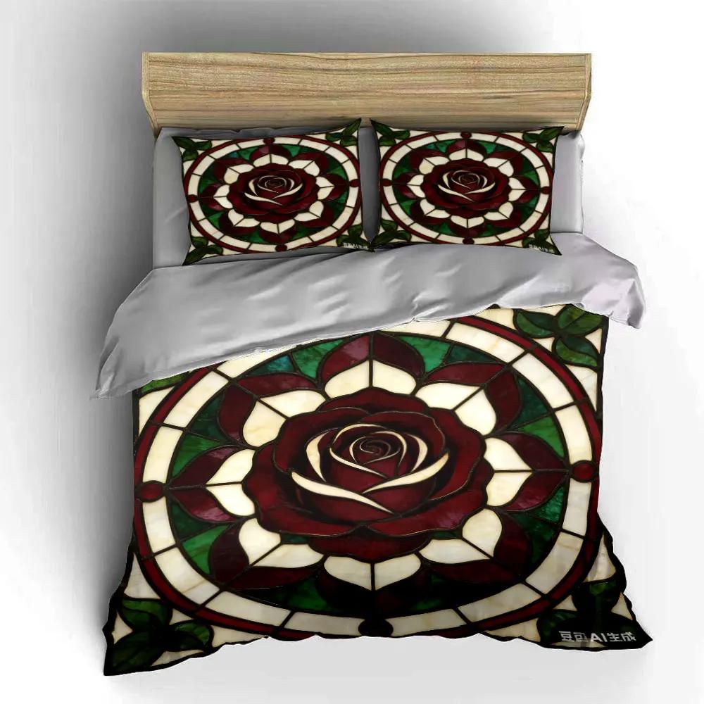 Stained Glass Rose Decoration Set Multiple sizes kid's and adults' bedroom Exquisite 3PC bedding set gift