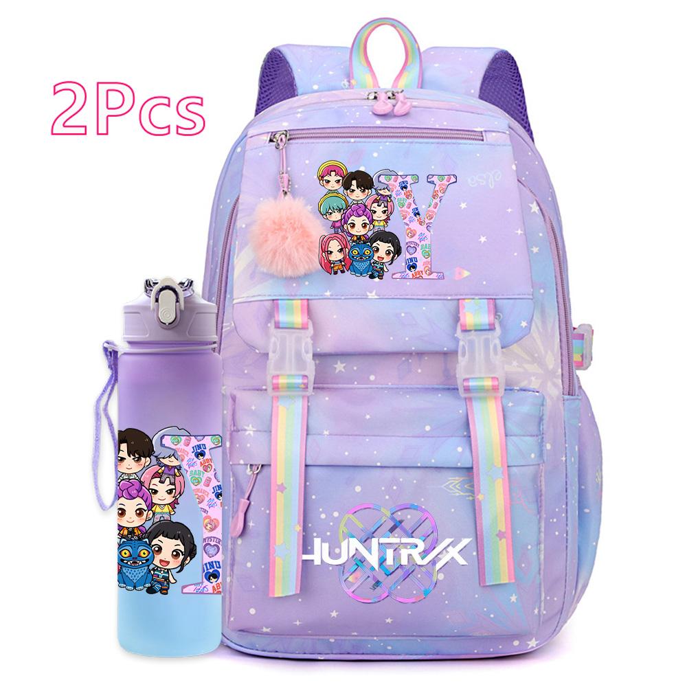 2Pcs/set New K-pop Printed Backpack 750Ml Water Bottler Large Capacity Travel Bag for Teenager Girl Boy Waterproof Bookbag Kid Gift Rucksak