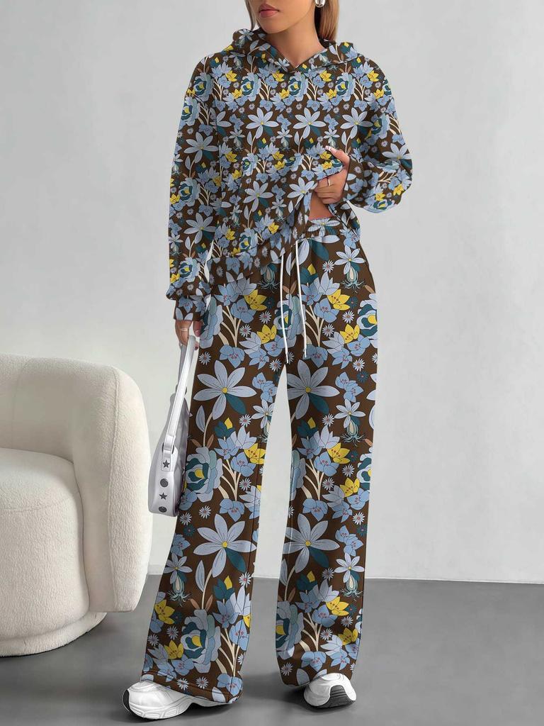 Broken Flowers European And American Autumn And Winter Casual Long-Sleeved Suit Women'S Hooded Sweater Trousers Two-Piece Set