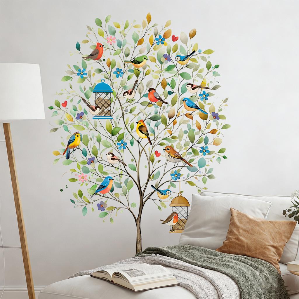Fresh Flowers Birds Trees Self-adhesive Waterproof Living Room and Bedroom Stickers