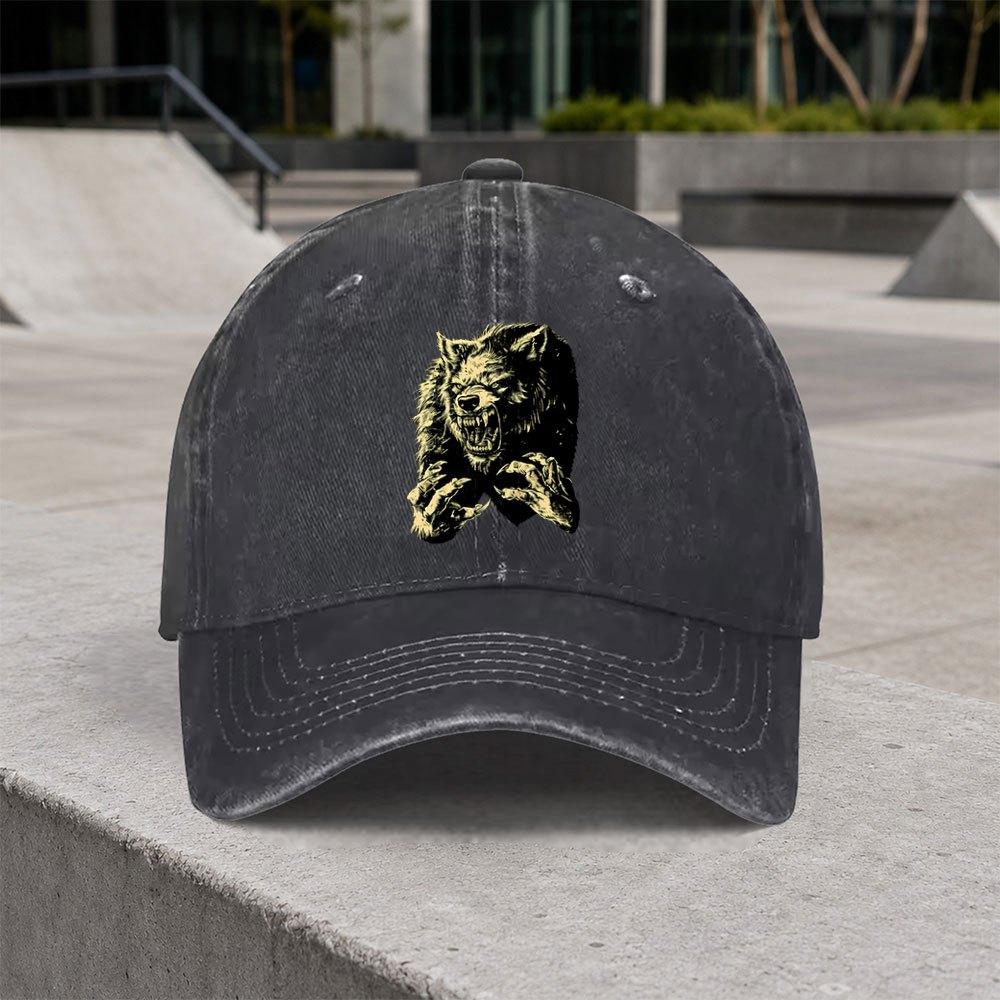 1pc Vintage Werewolf Pattern Washed Baseball Cap Classic Casual Fashion Retro Unisex Allseason Duckbill Hat Adjustable Size Su