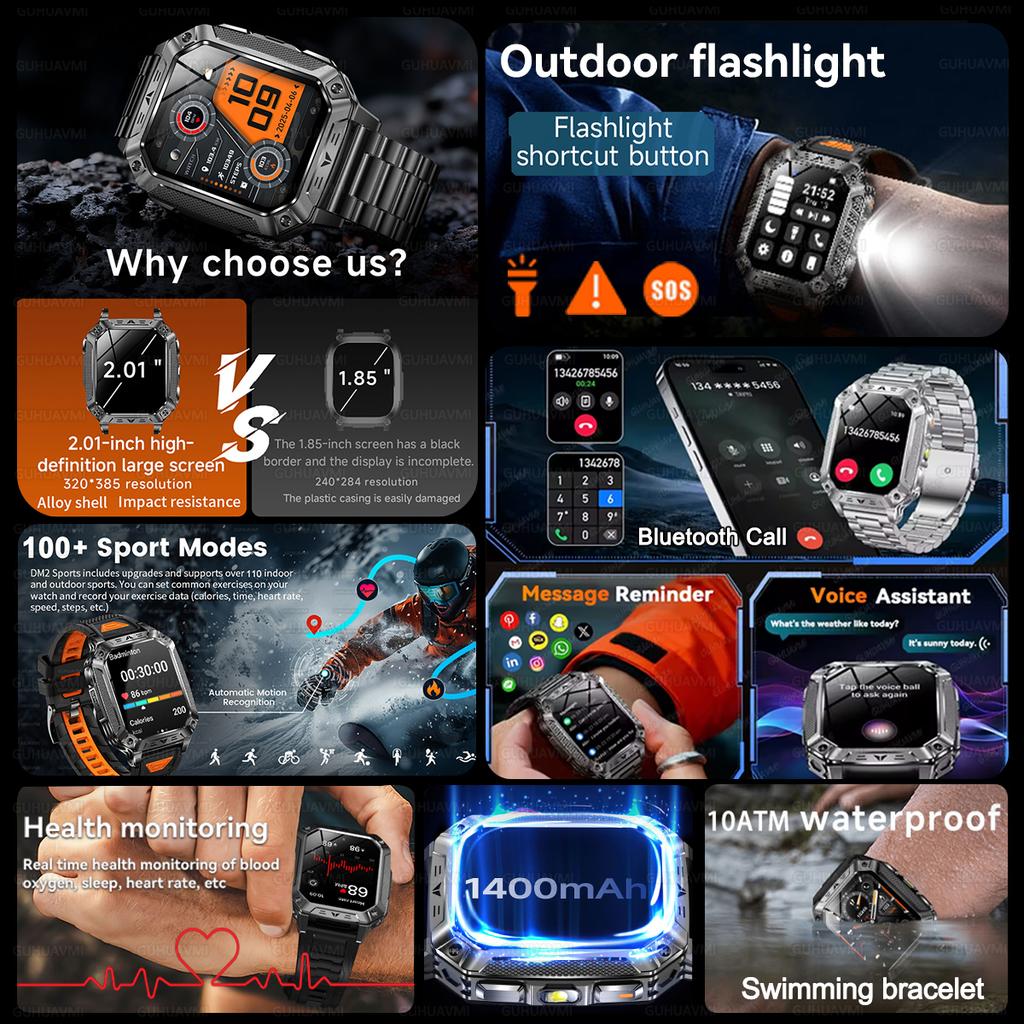 New 1400mAh Large Battery Military Outdoor 2.01 Inches Smart Watch Men 10ATM Waterproof Bluetooth Call Sports Smart Watch