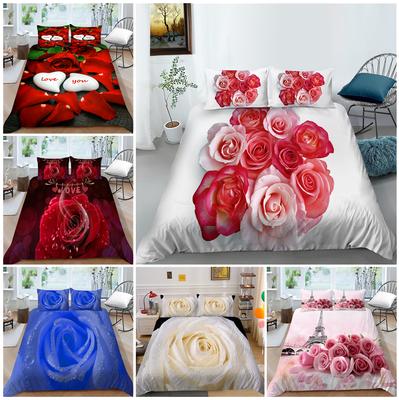 Modern Romantic Love Theme Series Bedding Set with Rose Pattern Bedding Cover Pillow Case 2/3 Pieces Home Decoration Soft Microfiber