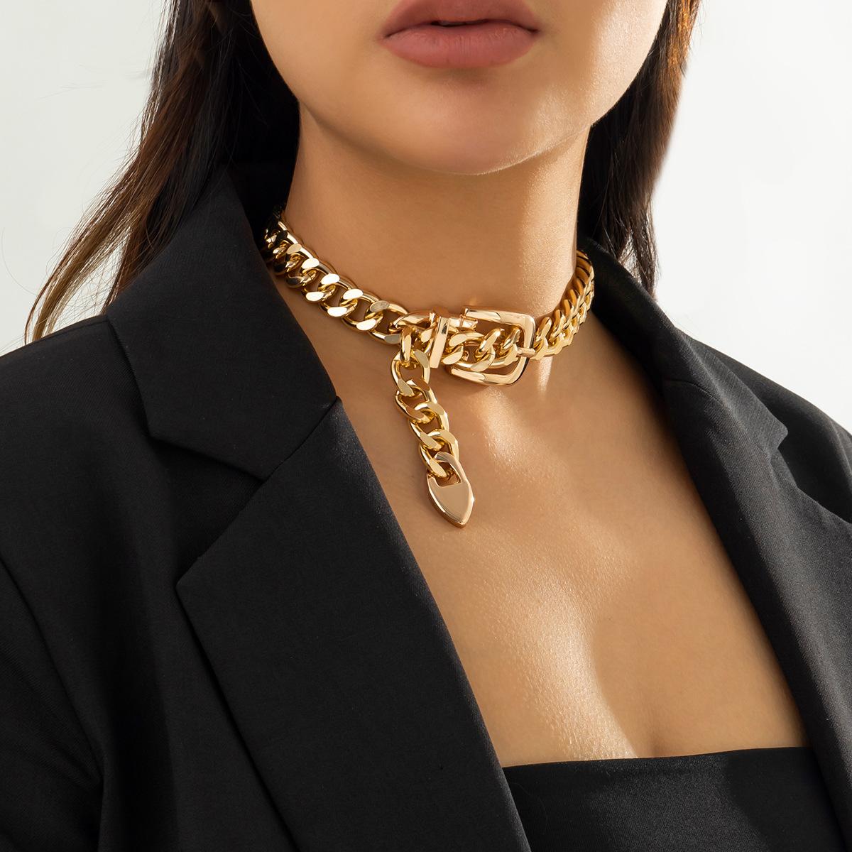 

Exaggerated Heavy Metal Belt Choker Long Necklace for Women Punk Thick Chunky Clavicle Chain Grunge Jewelry Steampunk Men