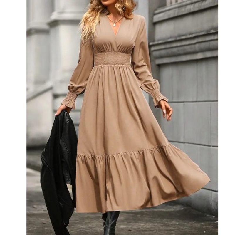 Autumn Fashion Style Fashion Commuter Ol Pure Color V-neck Waist-Controlled Slimming Temperament Long Sleeve Large Swing Dress Dress Dress
