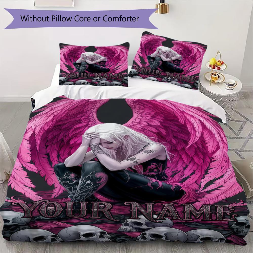 Custom Name Pink Angel Skulls Bedding,Quilt Set Quilt Cover Pillowcase Home Birthday Gift(1 * Duvet Cover + 2 * Pillowcase, Without Core)_lx
